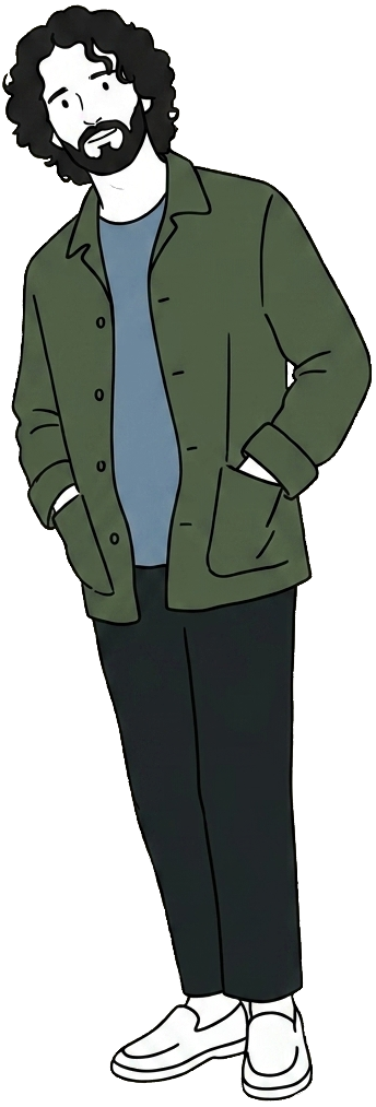 Illustration of Adam Rawles standing with his hands in his pockets, wearing a green jacket and blue jumper.